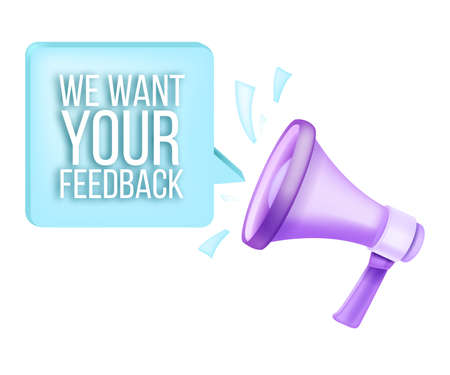 We want your feedback survey, vector client satisfaction icon, service opinion design, isolated megaphone. Business consumer comment concept, speech bubble. Feedback survey social media illustrationのイラスト素材