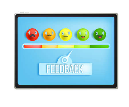Feedback emotion bar, customer satisfaction level dial, vector multicolored vector faces, tablet screen. Buyer evaluation indicator, horizontal review mood meter. Isolated feedback bar, speedometerのイラスト素材