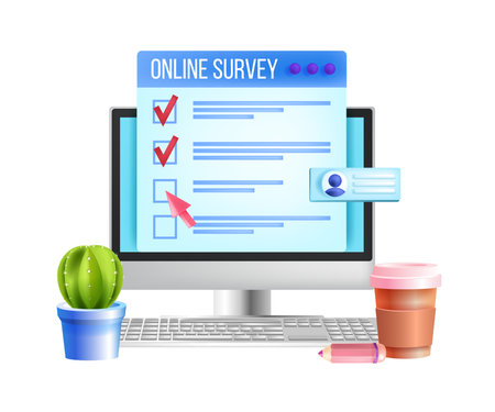 Online survey, web questionnaire vector form illustration computer screen, keyboard, cactus, cup. Customer feedback, user experience marketing research, pencil. Online survey business SMM conceptのイラスト素材