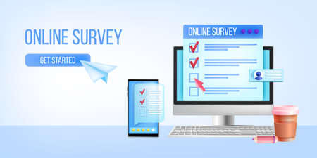 Online survey, vector internet questionnaire landing page template, smartphone, computer screen. Customer feedback SMM concept, client experience, review design. Online survey, web research backgroundのイラスト素材