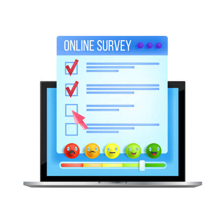 Online survey, internet questionnaire vector web form, laptop screen, feedback slider, multicolored faces. Web client satisfaction, user feedback busines concept, checkbox. Online survey illustrationのイラスト素材