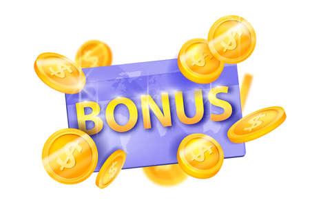 Bonus gift card vector loyalty program, discount winner voucher illustration, flying golden coins. Customer reward, certificate points, cashback isolated 3D concept. VIP client holiday sale bonus cardのイラスト素材