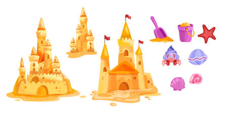 Sand castle vector beach isolated illustration collection, toy bucket, shovel, red star, cute crab, shells. Summer cartoon vacation seaside clipart set, yellow fortress tower. Sand castle game conceptのイラスト素材