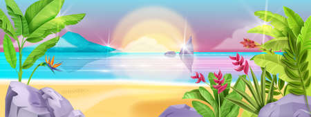 Beach summer vector landscape, sea background, tropical island shore, seaside sand, ocean, sunrise. Paradise nature, exotic jungle view, surf, flowers, clouds, banana leaf. Summer beach tourism bannerのイラスト素材