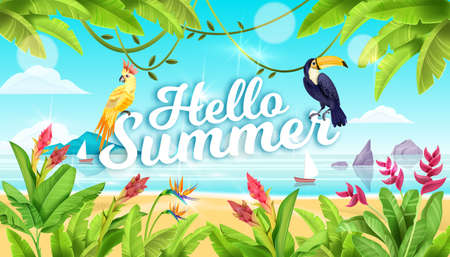 Summer beach landscape, tropical paradise background, toucan, parrot, exotic flowers, ocean, sand,...