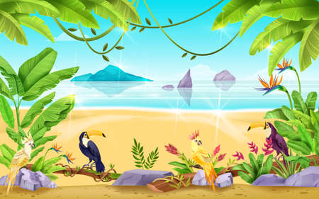 Summer beach landscape, tropical exotic vector background, sea, sand, rocks, banana and palm leaf. Seascape horizontal view, vacation paradise resort banner, ocean. Nature beach landscape, sky, islandのイラスト素材