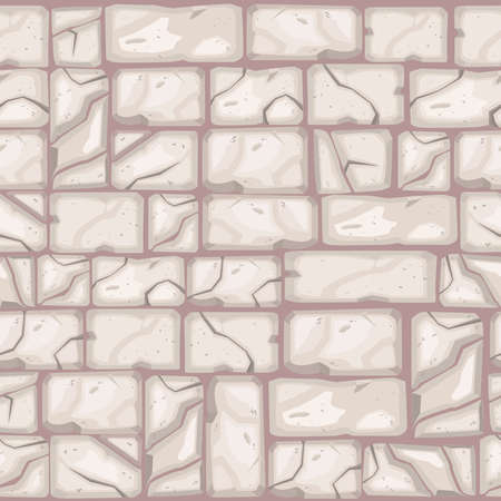 Stone floor cartoon vector texture, cracked brick wall seamless pattern, old pavement mosaic background. Nature outdoor garden walkway top view illustration. Street tile stone floor exterior designのイラスト素材
