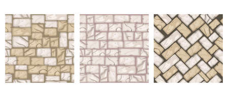 Stone floor cartoon seamless pattern collection, vector rock tiles texture set, brick wall background. Nature pavement ground material, old street blocks, mosaic roadway design. Stone floor surfaceのイラスト素材