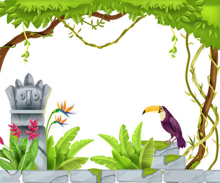 Jungle tropical frame, vector cartoon paradise background, mayan stone totem face, toucan, tree, liana. Exotic nature floral illustration, flowers, bushes, banana leaf, rocks. Jungle frame Aztec ruinのイラスト素材