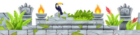 Seamless jungle stone vector frame, tropical rocks ancient ruin border, toucan, totem face, fire, leaf. Cracked old mayan temple wall, game level environment background. Jungle exotic history frameのイラスト素材