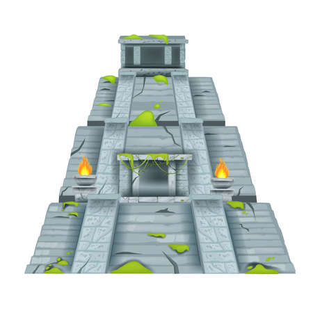 Maya pyramid, vector Aztec stone temple, ancient jungle ruin illustration isolated on white, moss, fire. Travel Mexico landmark clipart, archeological old civilization monument. Maya pyramid structureのイラスト素材