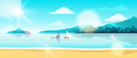Summer beach landscape, vector ocean island background, shore sand, sailing boat, island, palm silhouette. Exotic seashore, tropical nature vacation illustration. Horizontal beach lagoon landscapeのイラスト素材