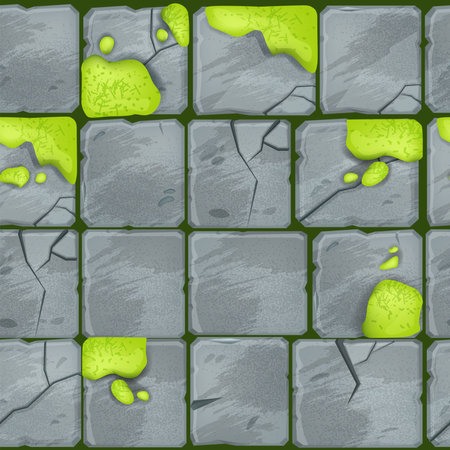Stone pavement tiles texture, cartoon floor seamless pattern, rock sidewalk paver loopable background. Game ancient cracked walkway top view, moss. Outdoor architecture stone pattern design elementのイラスト素材