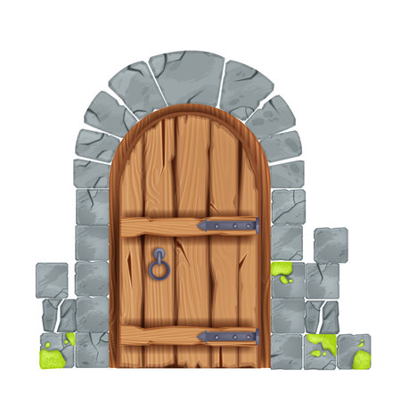 Old vector castle door, wooden vintage house entrance, cracked stone wall arch tiles, medieval portal. Closed antique dungeon entry, cartoon architecture basement element. Old facade door illustrationのイラスト素材