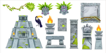Aztec maya ancient culture set, vector cartoon totem tribal elements, ancient pyramid, stone sign board. Archaeological old civilization altar, toucan, boulder column, tiki mask. Aztec culture symbolsのイラスト素材