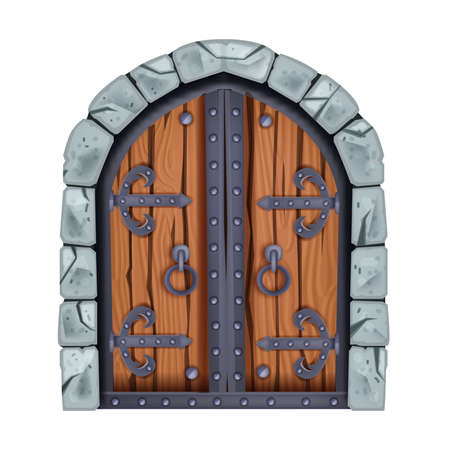 Castle gate, medieval door, old wooden city entrance, stone vector arch portal, vintage iron handle. Palace double decoration doorway, historical architecture element. Closed castle gate illustrationのイラスト素材
