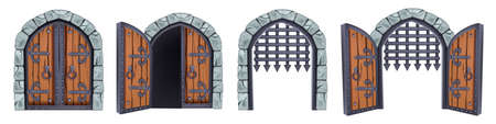Castle gate vector medieval collection, open wooden ancient door, iron grate, stone arch isolated on white. Vintage city entrance, closed dungeon double entry. Game elements, castle gate illustrationのイラスト素材