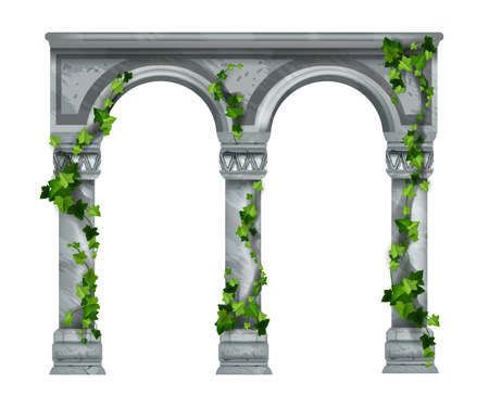 Marble vector arch illustration, stone ancient column colonnade isolated on white, green ivy leaves. Greek temple vintage pillars, creeper plant, green climber, palace archway front view. Marble archのイラスト素材