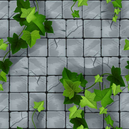 Stone floor pavement seamless pattern, square rock tile sidewalk texture, brick wall vector background. Green ivy leaves, climber, liana, cracked old flagstone blocks. Nature walkway stone pavementのイラスト素材
