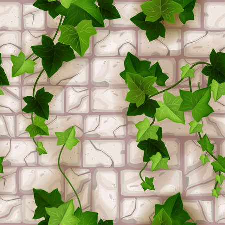 Stone pavement seamless pattern, old brick wall texture, green ivy leaves, climbing plant branches. Cartoon ground paver background, outdoor material surface illustration. Stone pavement top viewのイラスト素材
