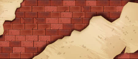 Red brick wall vector background, stone block texture, brown rock tile architecture illustration. Old building material backdrop, abstract vintage facade interior surface. House brick wall top viewのイラスト素材