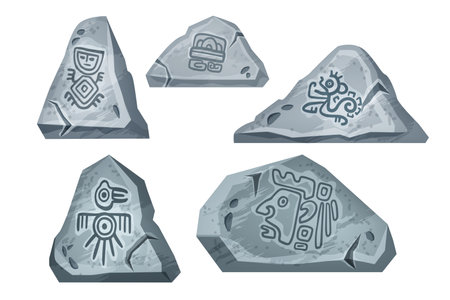 Stone rock vector cartoon set, maya tribal symbol collection isolated on white, nature game elements. Ancient gray cracked boulders, Aztec Mexican runes, civilization sign. Archaeology stone rocksのイラスト素材