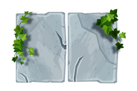 Stone sign board vector cartoon illustration, cracked gray rock, green ivy leaf, creeper plant on white. UI game menu background, rectangle boulder surface, liana. Stone sign interface panel clipartのイラスト素材