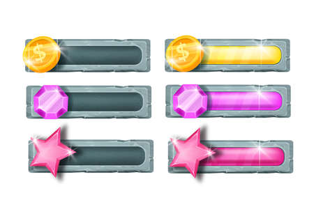 Game bar progress vector slider, graphic interface design elements, golden coin, gem stone, star. Cartoon level power illustration, UI charge elements isolated on white. Game bar bonus templateのイラスト素材