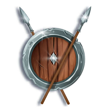 Game wooden vector shield illustration, fantasy medieval war equipment, iron spear, cartoon battle armor. Knight round metal protection inventory, RPG UI design object on white. Game shield iconのイラスト素材
