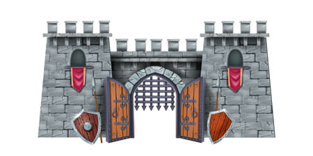 Stone castle tower, vector medieval city gate illustration, iron grate, wooden shield, spear. Brick ancient fortress, fantasy arch entrance, RPG history building. Game stone castle clipart on whiteのイラスト素材