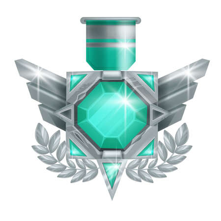 Game badge vector icon, rank award silver medal, level up achievement trophy illustration on white. Victory sign, winner congratulation reward, green emerald gemstone. Game badge UI champion emblemのイラスト素材