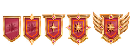 Golden game badge, vector rank medal award set, medieval level up shield achievement, red crystal, wings. UI RPG winner congratulation reward sign, rating royal emblem. Treasure game badge on whiteのイラスト素材