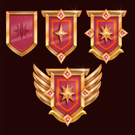 Game badge vector icon, rank award medal, vector achievement shield, golden wings, red crystal, star. Medieval heraldic level winner reward design, UI rating royal emblem. Game badge champion prizeのイラスト素材