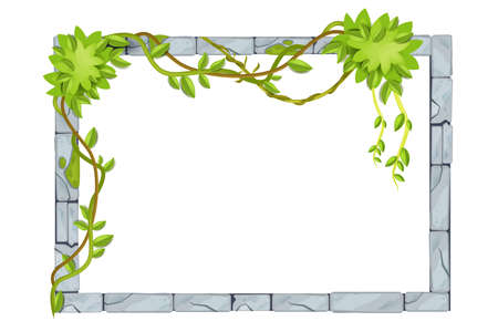 Stone jungle UI game frame, vector rock border, tropical leaf, vine, liana, ancient gray isolated brick. User interface window menu element, boulder border, ancient tile. Old cracked stone frameのイラスト素材