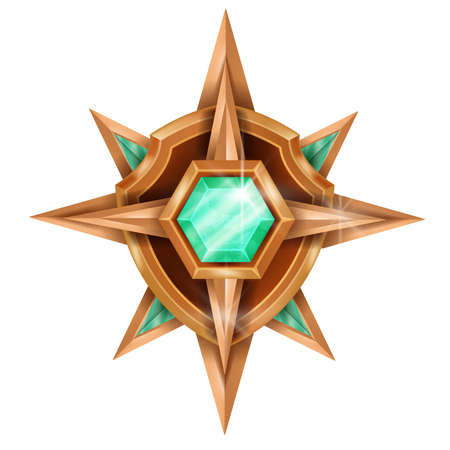 Gold winner game badge icon, vector rank bronze medal, level up award trophy, green crystal on white. Star achievement reward illustration, champion congratulation royal treasure. Shield game badgeのイラスト素材