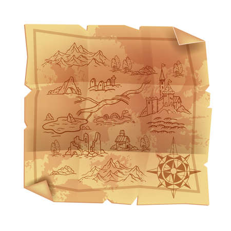 Old vintage parchment map, antique papyrus cartography treasure illustration, fantasy game paper. Medieval geography kingdom art, castle, wind rose, mountains, ruin. Pirate old dirty map on whiteのイラスト素材