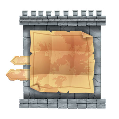 Ancient stone castle wall game menu, UI rock sign board panel, old parchment, gray boulder tiles. 2D web interface background, medieval papyrus, isolated on white. Fantasy stone game design elementのイラスト素材