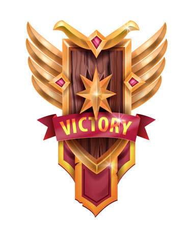 Victory game badge icon, UI achievement trophy shield, golden star, wings, red ribbon on white. Level up rank award medal, winner congratulation emblem, battle reward success sign. Royal game badgeのイラスト素材