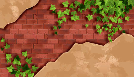 Red brick wall background, old stone texture, green ivy leaf, dirty plaster, creeper plant branch. Architecture material illustration, climber twig, exterior facade surface. Brick wall vector backdropのイラスト素材