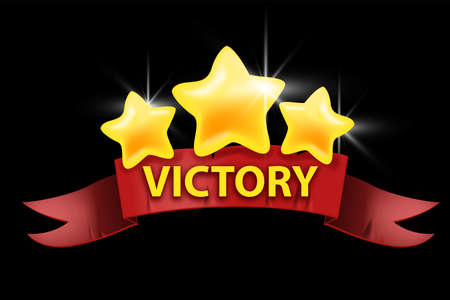 Victory game UI design element, vector winner cartoon icon, level up sign badge, red ribbon, gold stars. User interface level end award illustration, win celebration banner, bonus result. Victory gameのイラスト素材