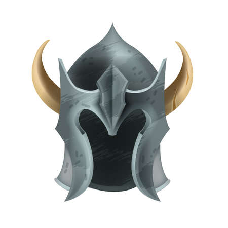 Medieval knight Viking horn helmet vector icon, old warrior armor illustration, gladiator battle iron mask. History ancient fantasy military clipart, Scandinavian soldier emblem. Game medieval helmetのイラスト素材
