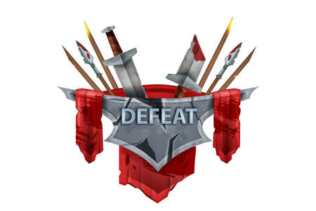 Video game over defeat vector screen badge, medieval lose battle sign, knight broken sword, spear. UI fantasy arcade final banner, level end shield label isolated on white. Stone defeat game conceptのイラスト素材