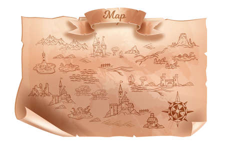 Old vintage map vector illustration, travel cartography antique paper, game parchment background....