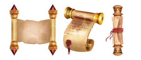 Old parchment paper scroll vector illustration set, ancient papyrus document letter isolated on white. Antique vintage manuscript roll, medieval empty page, royal diploma. Game old parchment clipartのイラスト素材