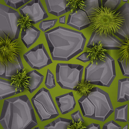 Grass stone seamless pattern, vector rock ground game texture, garden green floor background. Nature environment tile, cartoon top view walkway illustration, bushes, boulder. Grass stone above clipartのイラスト素材