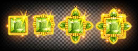 Game gem crystal assets set, UI diamond jewel stone rating achievement award design, winner badge. Gold treasure, green glowing brilliant reward, emerald user interface design kit. Game gem trophyのイラスト素材