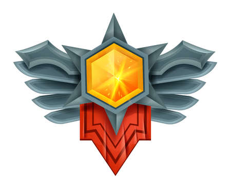 Game gem vector winner badge, crystal diamond UI jewel medal, victory stone trophy award, wings. RPG royal achievement asset, magic ruby ranking item, fantasy brilliant reward. Game gem jewelry objectのイラスト素材