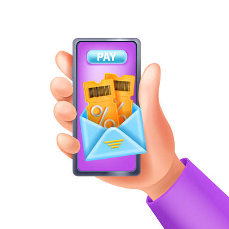3D hand holding smartphone, vector payment voucher illustration, tickets, blue envelope, mobile app. Online shopping, virtual discount gift concept, advertising sale message. 3D hand, screen bannerのイラスト素材