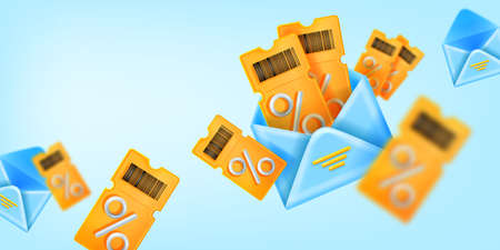 3D discount coupon sale banner, vector yellow ticket, open envelope illustration, customer gift background. Lucky present offer, loyalty program benefit concept. 3D shopping coupon promotional cardのイラスト素材