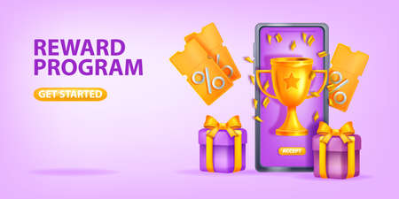 Online reward bonus vector background, loyalty program referral gift 3D banner, smartphone screen. Discount internet promotion landing page, golden cup, gift box, virtual giveaway award. Online rewardのイラスト素材